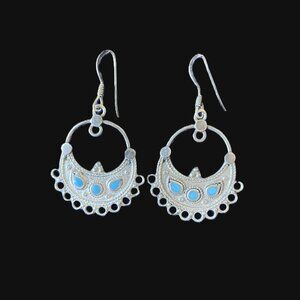 Vintage Ethnic Silver Earrings with Turquoise Enamel — Dangles Removed